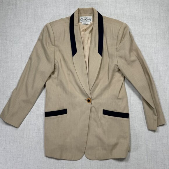 Vintage Oleg Cassini Skirt Suit Set Beige Navy Trim Pencil Straight Size 16 - Picture 6 of 16